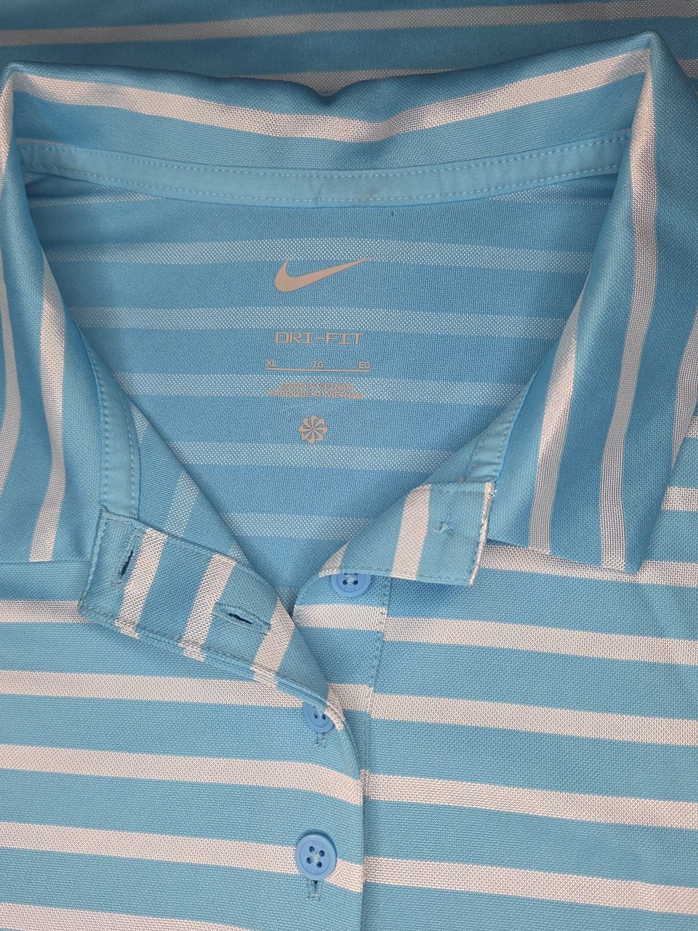 Nike Women’s Light Blue and White Striped Dri-FIT Golf Polo Size XL